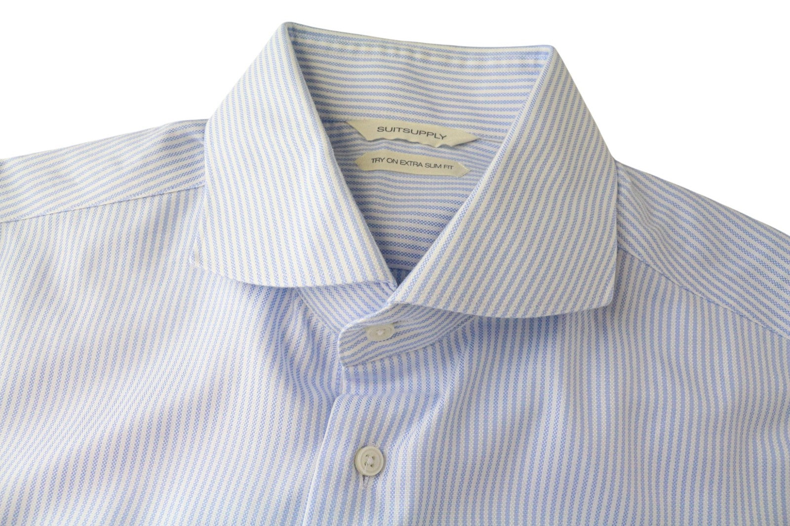 SUITSUPPLY Men Shirt 40/15 3/4 Extra Slim Blue Pure Cotton Cutaway Striped