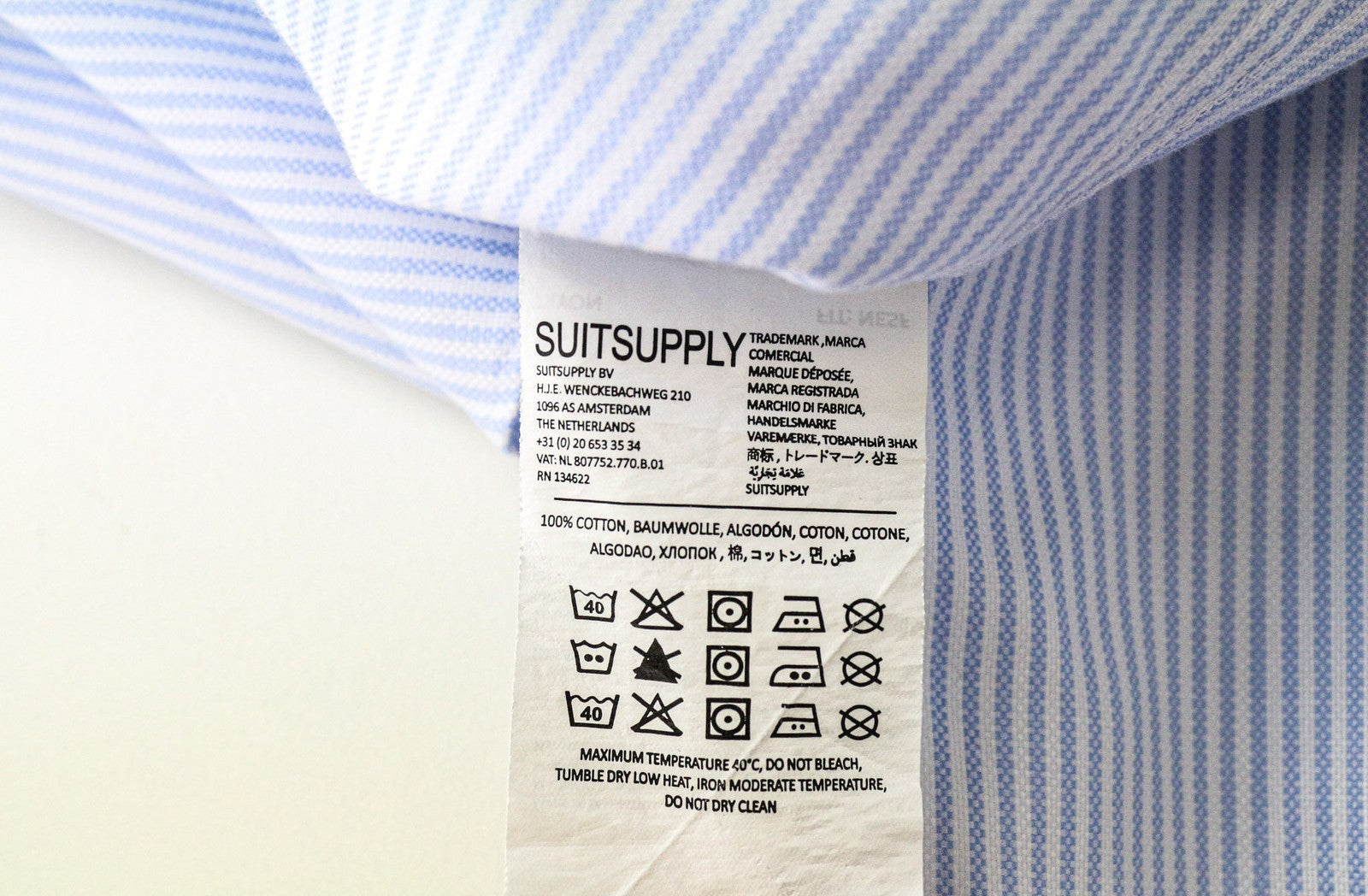 SUITSUPPLY Men Shirt 40/15 3/4 Extra Slim Blue Pure Cotton Cutaway Striped