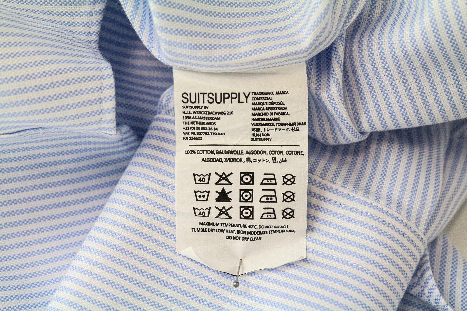 SUITSUPPLY Men Shirt 37/14 1/2 Extra Slim Fit Light Blue Pure Cotton Striped