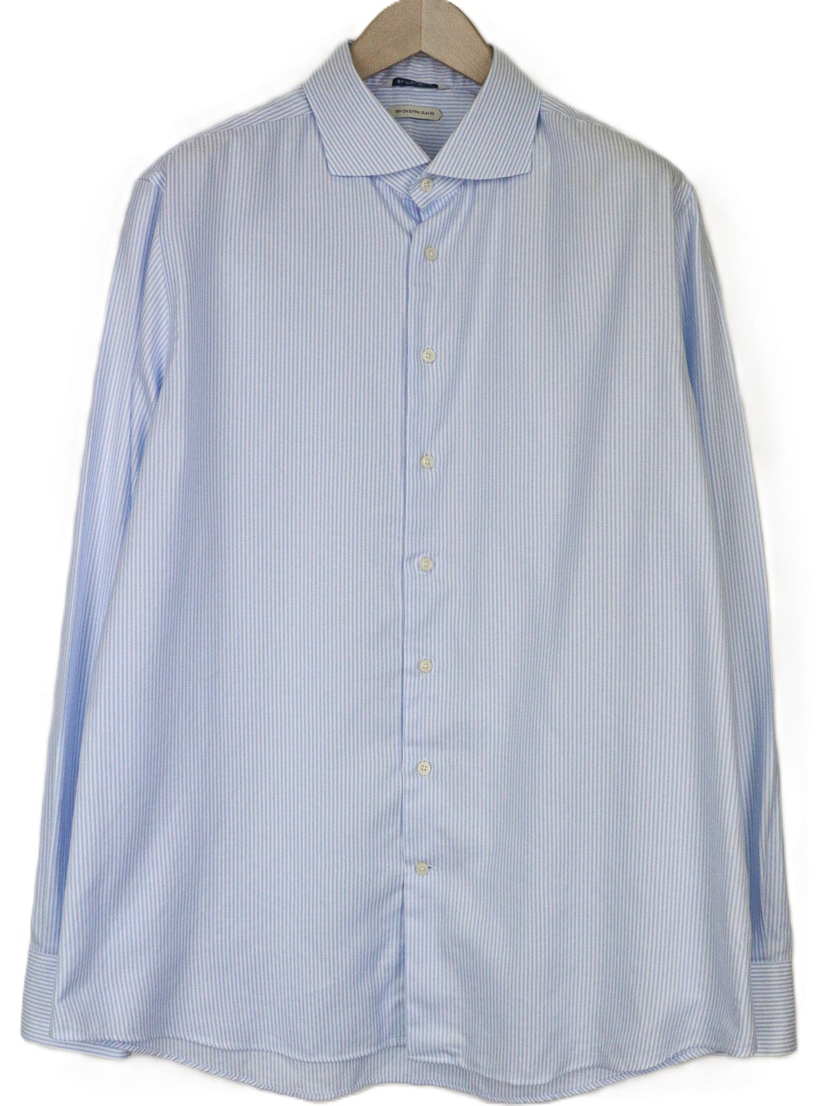 SUITSUPPLY Men Shirt 46/18 Extra Slim Blue Pure Cotton Cutaway Striped Pattern