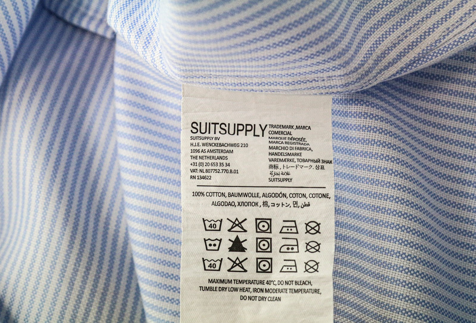 SUITSUPPLY Men Shirt 46/18 Extra Slim Blue Pure Cotton Cutaway Striped Pattern