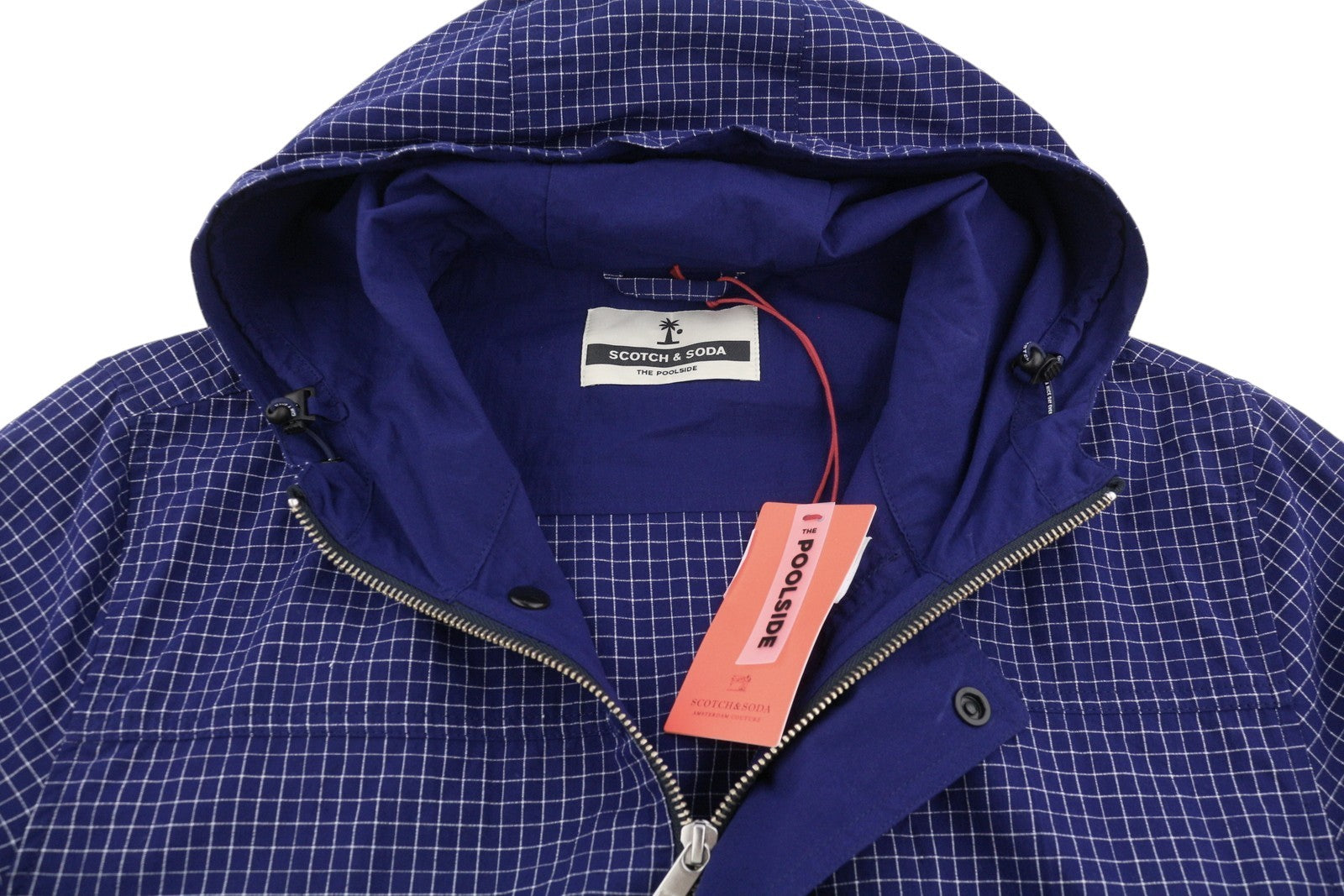 SCOTCH & SODA Men Jacket M Blue Plaid Hooded Full Zip Lightweight
