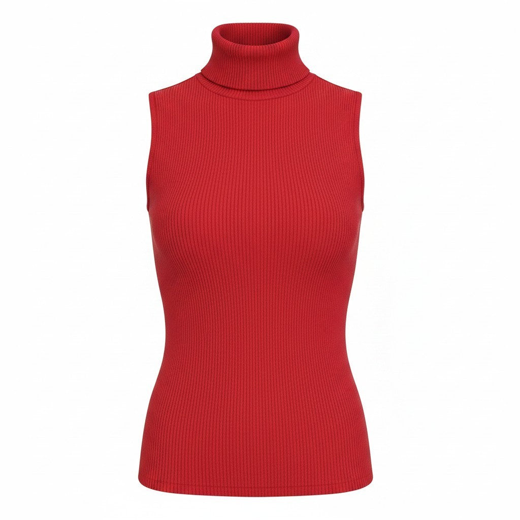SUISTUDIO Haze Women Top S Bright Red Slim Knit Ribbed Turtleneck Sleeveless
