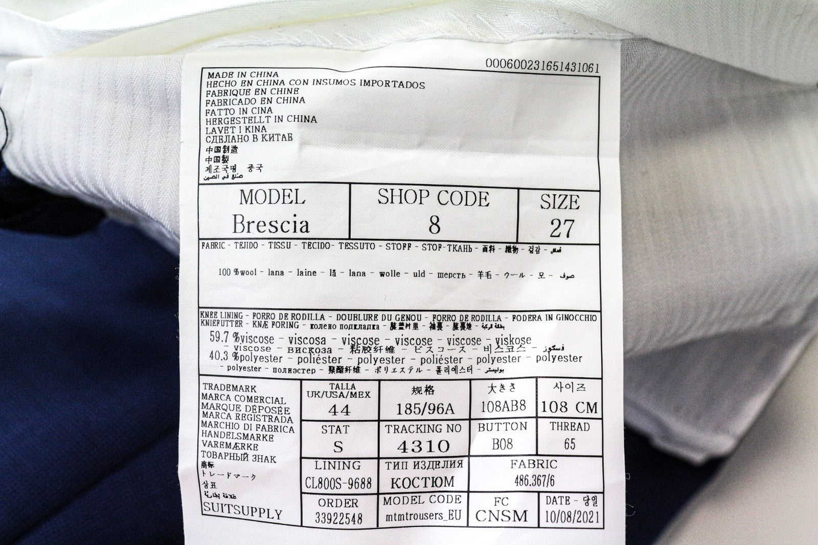 SUITSUPPLY Brescia Men Trousers UK44S Mid Blue Flat-Front Slim Glen Check Wool