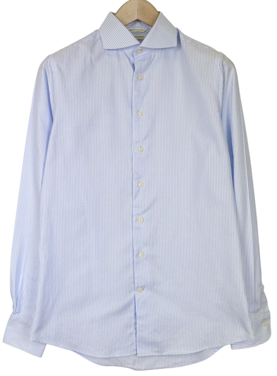SUITSUPPLY Men Shirt 39/15 1/2 Extra Slim Blue Pure Cotton Striped Long Sleeve