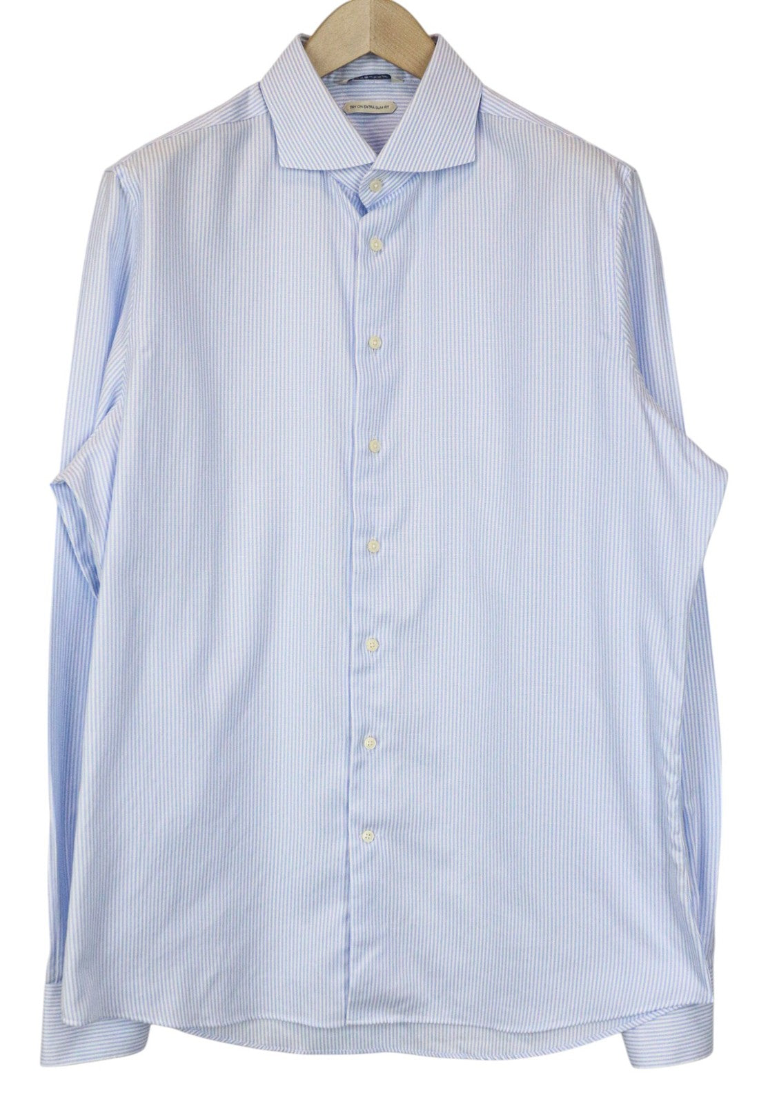 SUITSUPPLY Men Shirt 44L/17 1/2L Extra Slim Blue Cotton Striped Pattern Formal