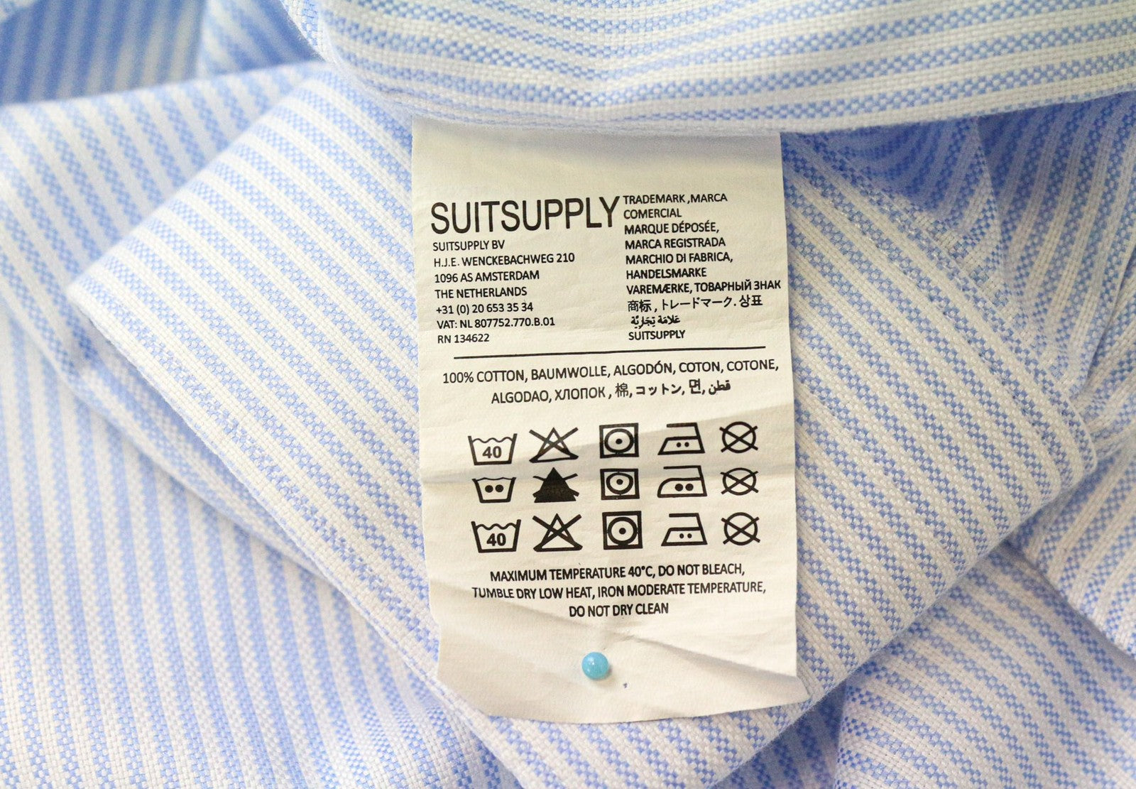 SUITSUPPLY Men Shirt 39L/15 1/2L Extra Slim Blue Cotton Striped Pattern Twill
