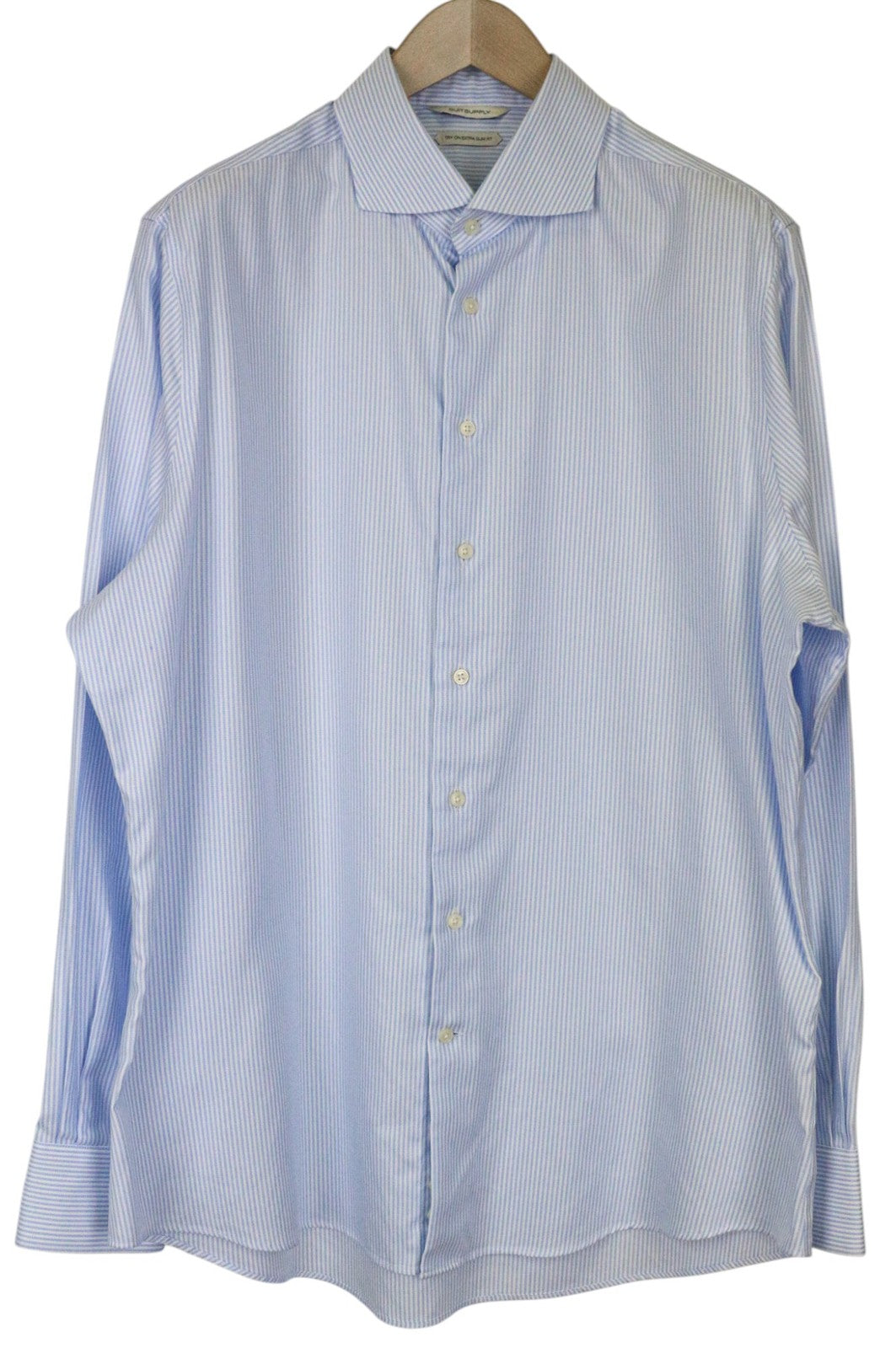 SUITSUPPLY Men Shirt 45/17 3/4 Extra Slim Blue Pure Cotton Striped Long Sleeve