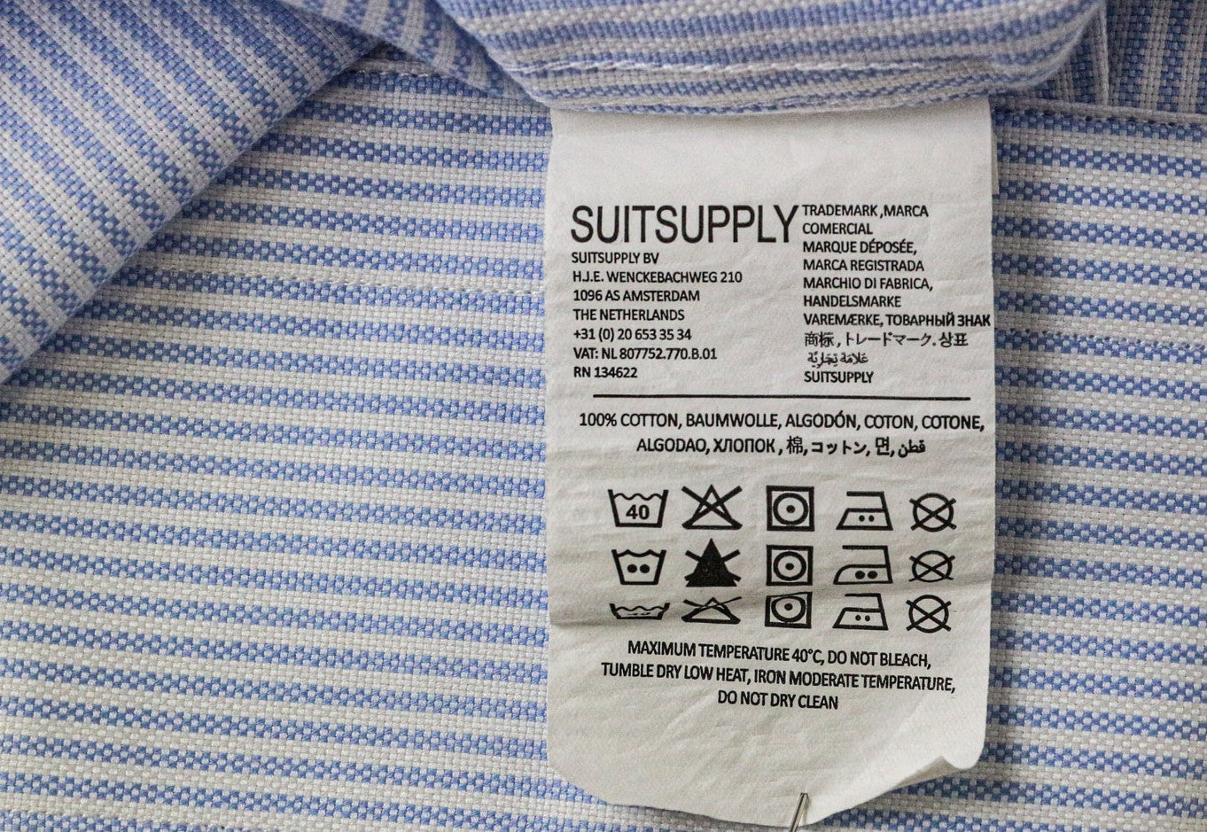 SUITSUPPLY Men Shirt 45/17 3/4 Extra Slim Blue Pure Cotton Striped Long Sleeve