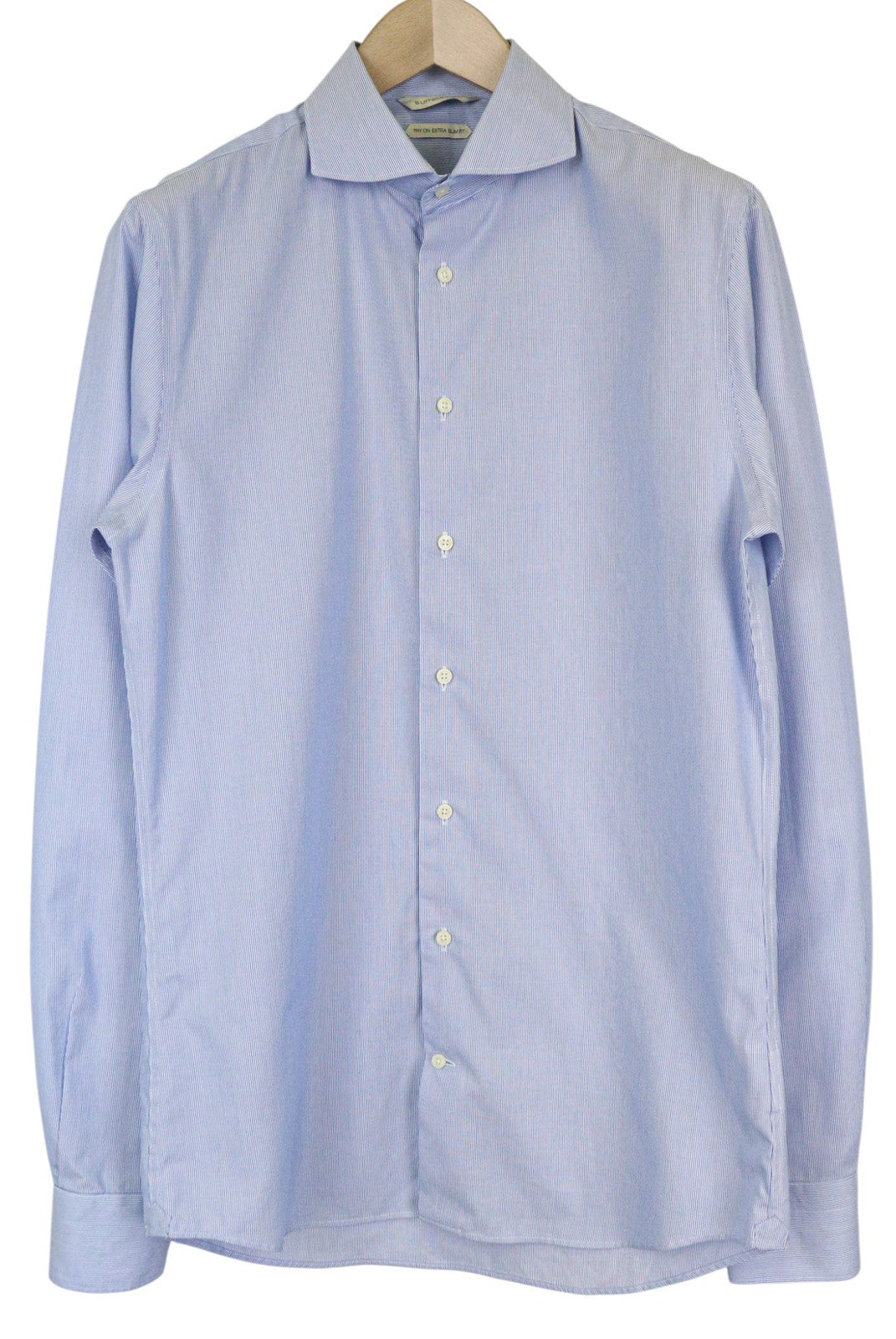 SUITSUPPLY Men Shirt 40-7/15 3/4L Extra Slim Blue Cotton Striped Long Sleeved