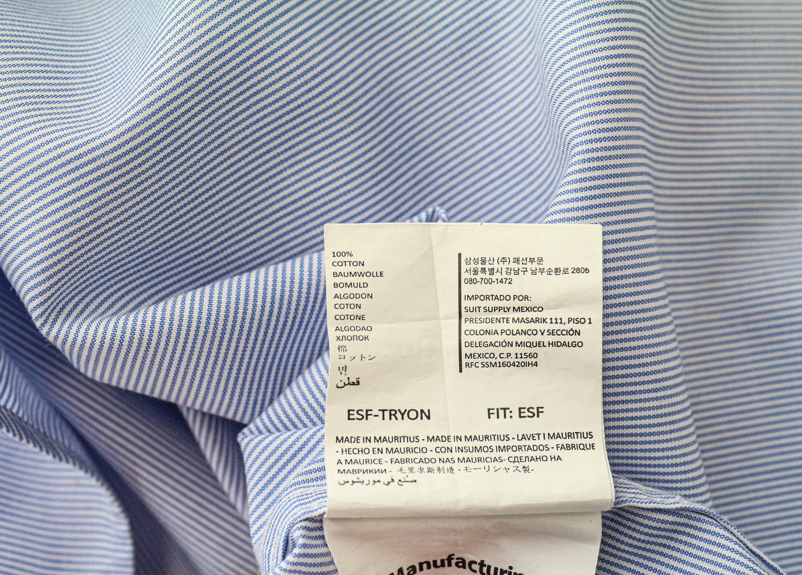 SUITSUPPLY Men Shirt 40-7/15 3/4L Extra Slim Blue Cotton Striped Long Sleeved