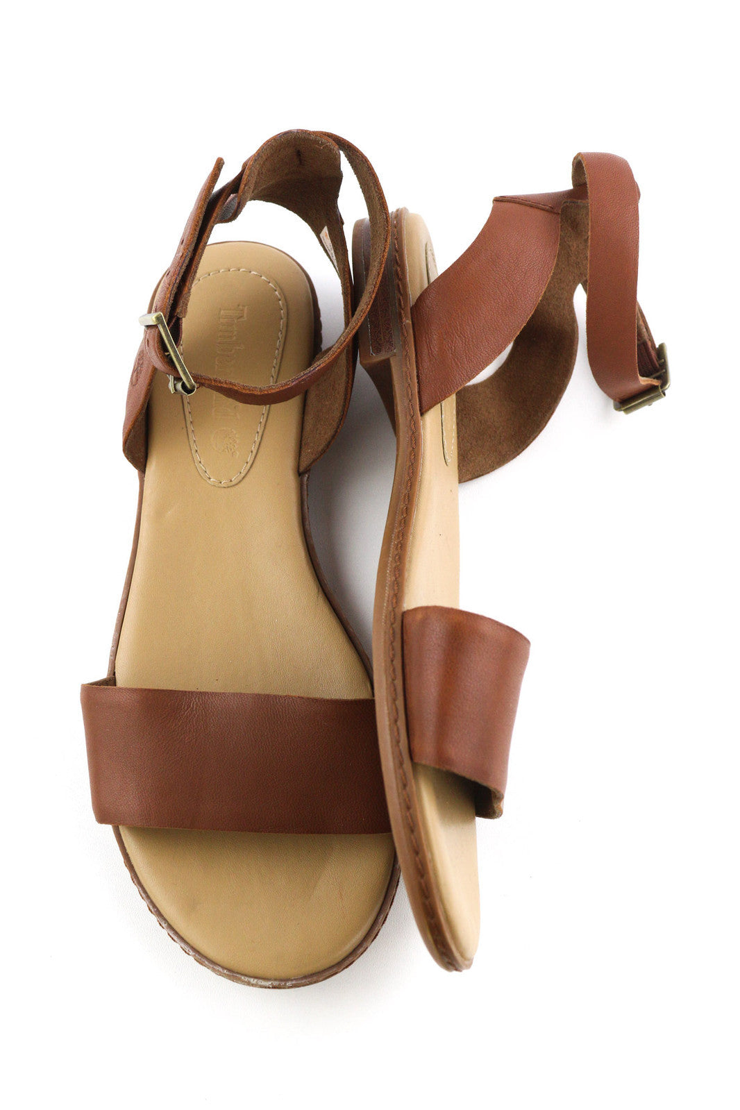 TIMBERLAND A1PCY Women Sandals EU37.5 EU38 Brown Leather Open Toe Buckle Flat