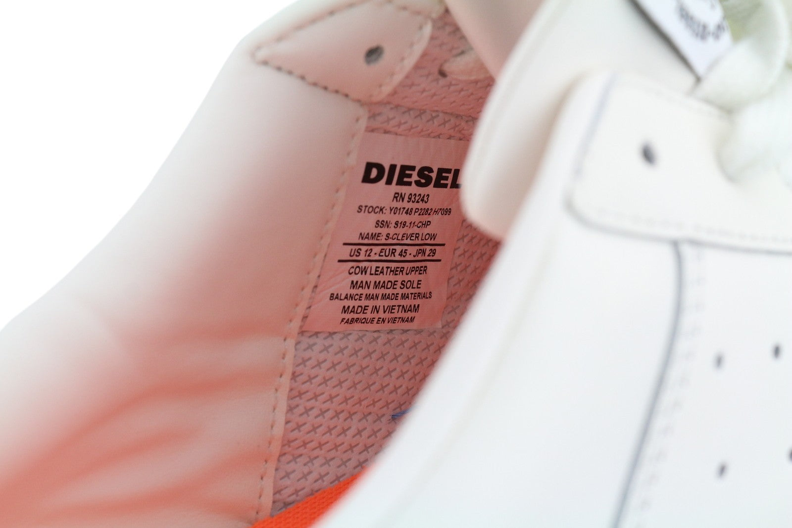 DIESEL S-Clever Low Men Sneakers EU45 White Leather Laced Almond Toe RRP€140