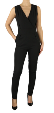 MAKADAMIA Women Jumpsuit 38 Black Overall V-Neck Pockets Logo Fitted Sleeveless