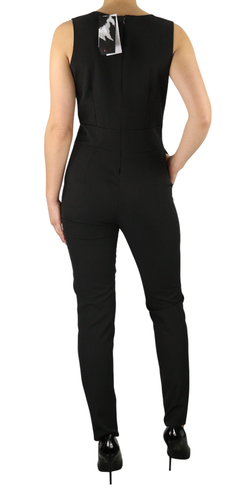 MAKADAMIA Women Jumpsuit 38 Black Overall V-Neck Pockets Logo Fitted Sleeveless