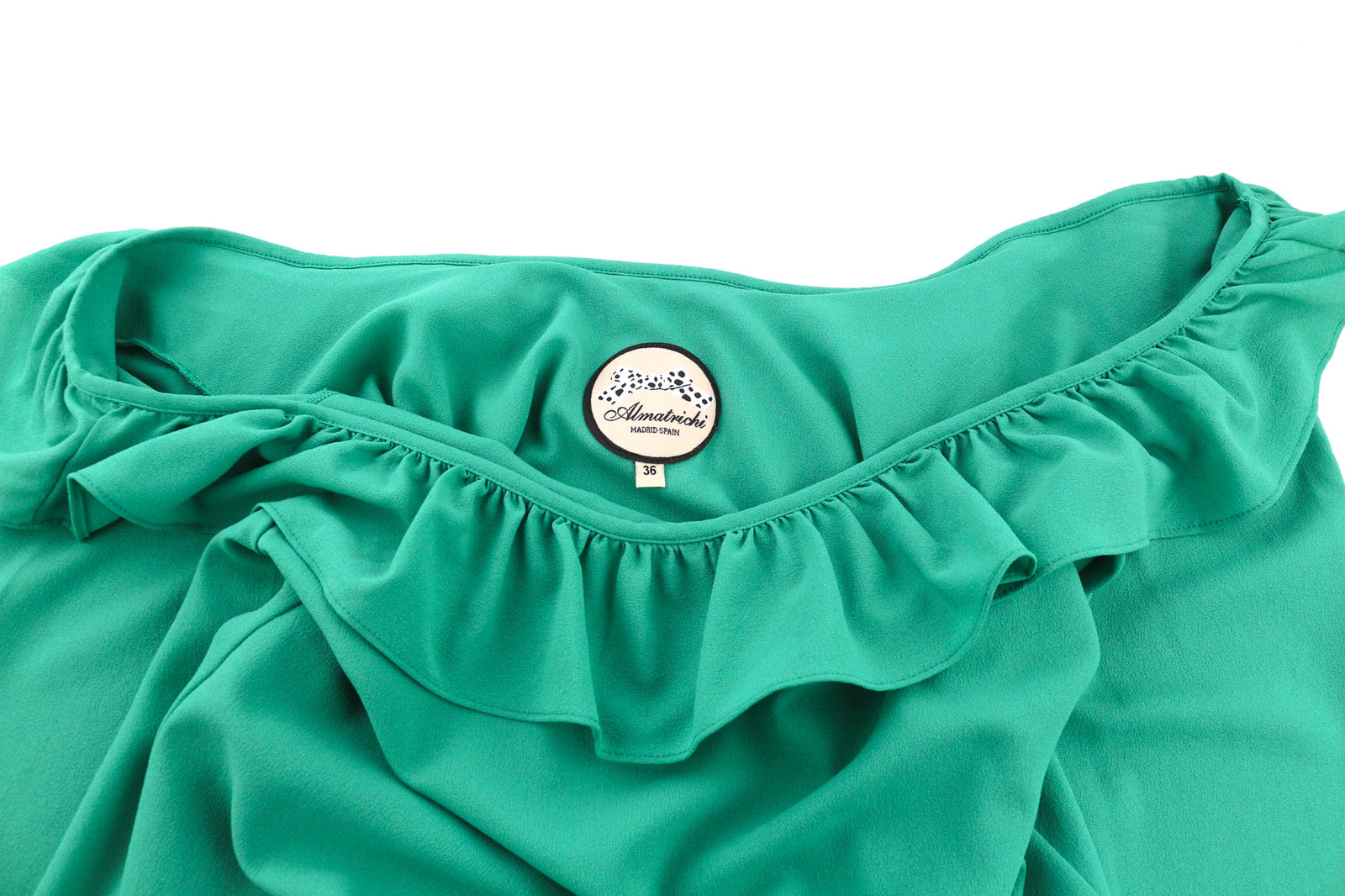 ALMATRICHI Women Dress 36 Green Ruffle Long Sleeved Open Back Lined Logo Short