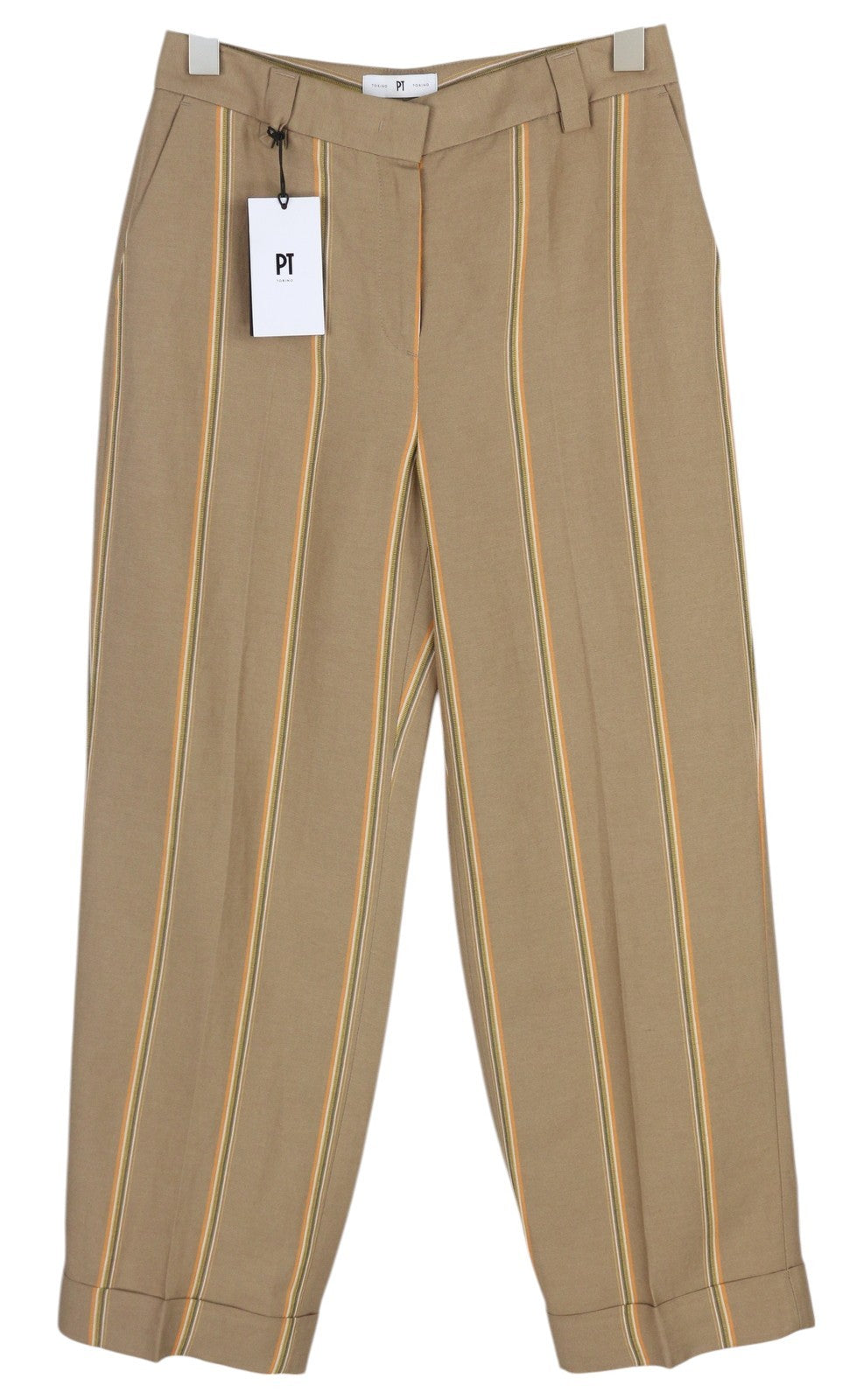 PT TORINO Ambra Women Trousers 42 W30 Linen Blend Pinstriped Turn-Up Zip Brown