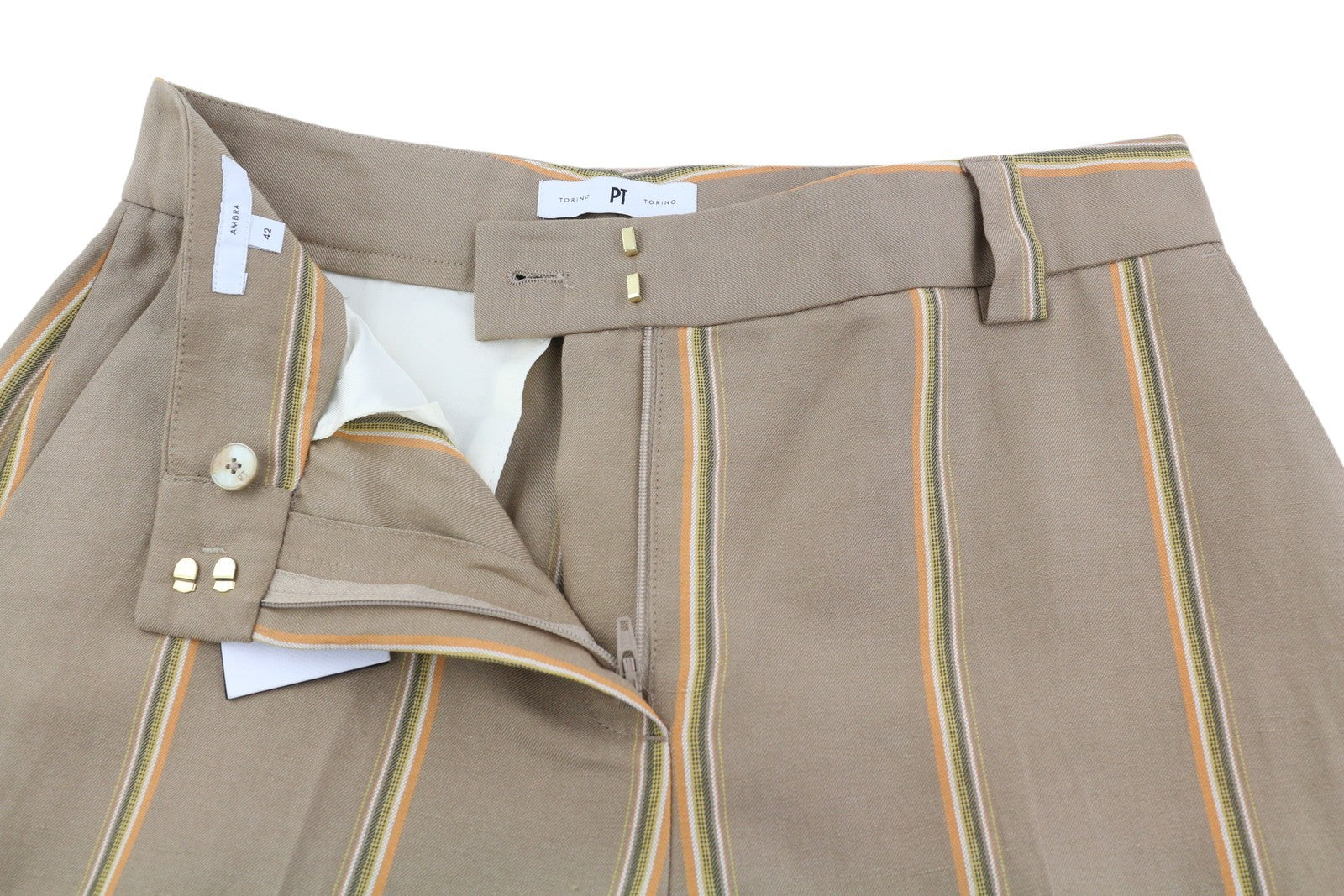 PT TORINO Ambra Women Trousers 42 W30 Linen Blend Pinstriped Turn-Up Zip Brown