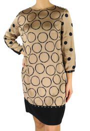 BLEU BLANC ROUGE Magie Women Dress S Beige 3/4 Sleeve Crew Neck Print Short