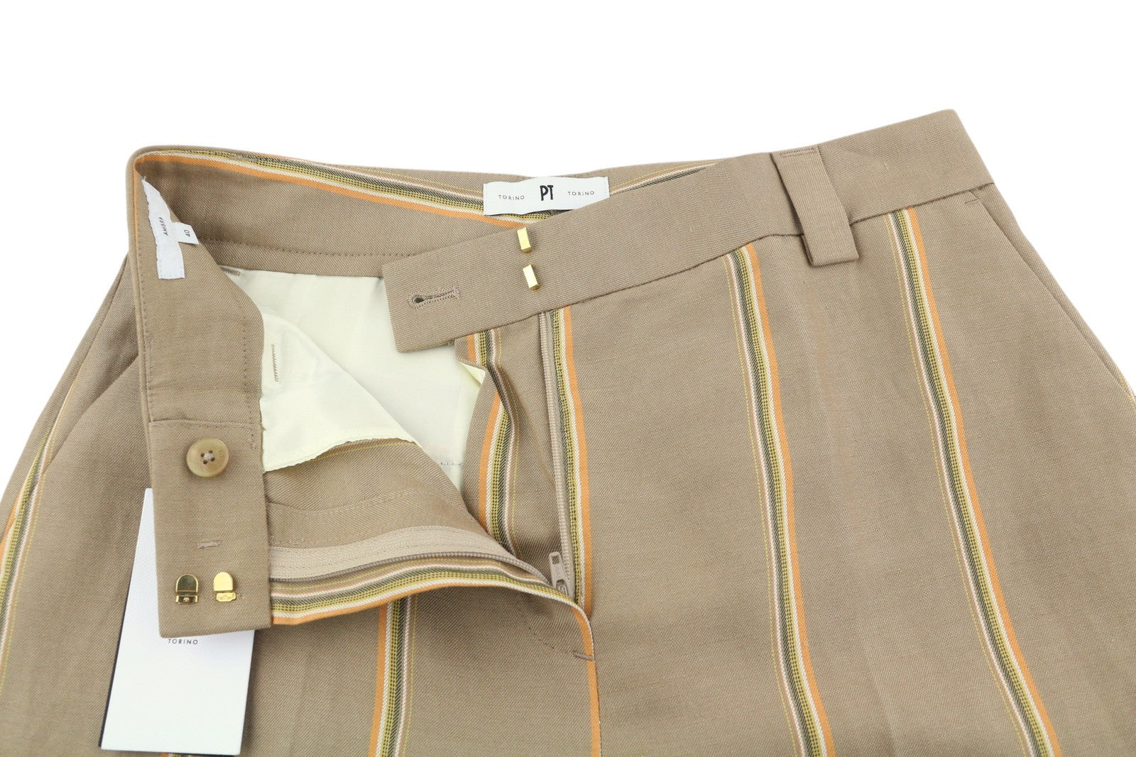 PT TORINO Ambra Women Trousers 40 W28 Linen Blend Pinstriped Turn-Up Zip Brown