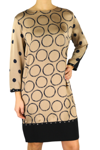 BLEU BLANC ROUGE Magie Women Dress S Beige 3/4 Sleeve Crew Neck Printed Short