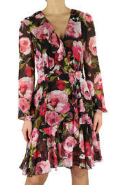 LIU JO Volant Women Dress 40 Flower Long Sleeved V-Neck Zipped Logo Lined Short