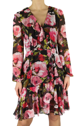 LIU JO Volant Women Dress 40 Flower Long Sleeved V-Neck Zipped Logo Lined Short