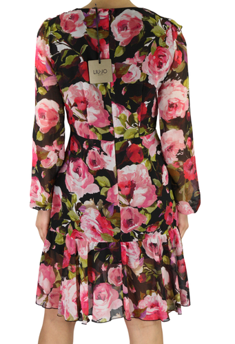 LIU JO Volant Women Dress 40 Flower Long Sleeved V-Neck Zipped Logo Lined Short