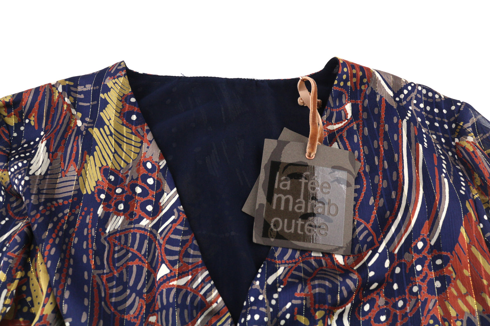 LA FEE MARABOUTEE Women Dress 38 Long Sleeved V-Neck Elastic Waist Printed Short