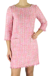 GUGLIELMO CAPONE Women Dress ~S Tweed 3/4 Sleeve Crew Neck Pocket Printed Short