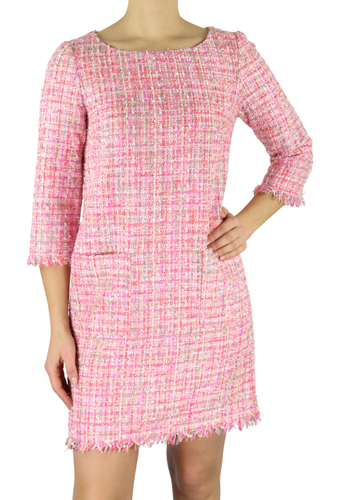 GUGLIELMO CAPONE Women Dress ~S Tweed 3/4 Sleeve Crew Neck Pocket Printed Short