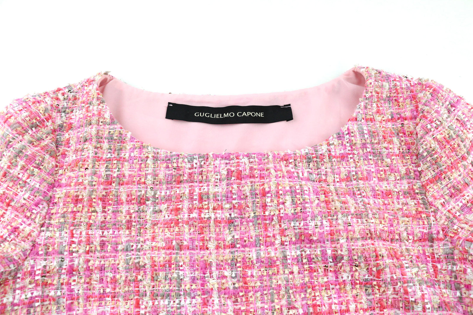 GUGLIELMO CAPONE Women Dress ~S Tweed 3/4 Sleeve Crew Neck Pocket Printed Short