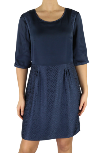 ONE STEP Ikks Women Dress 38 Dark Blue 3/4 Sleeve Crew Neck Silk Zipped Print