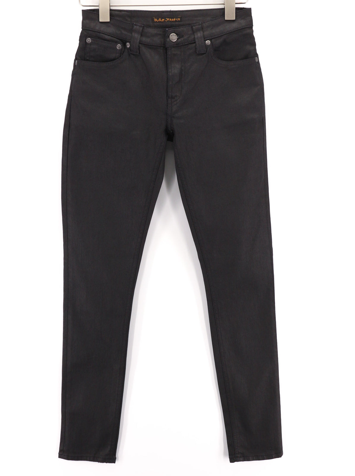 NUDIE JEANS Skinny Lin Men Jeans W28/L32 Black In Black Coated Cotton Zip Fly