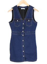 PULL&BEAR Women Dress L Blue Denim V-Neck Logo Sleeveless Pockets Button Short