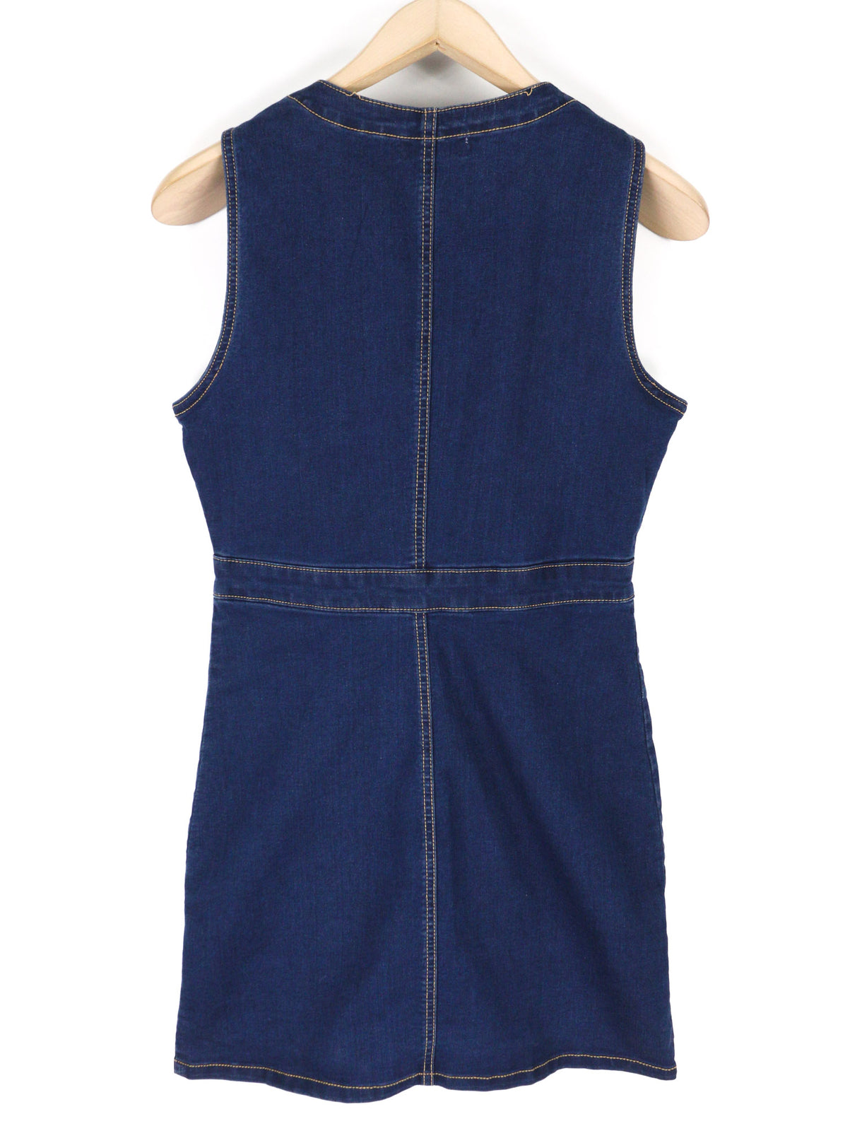 PULL&BEAR Women Dress L Blue Denim V-Neck Logo Sleeveless Pockets Button Short
