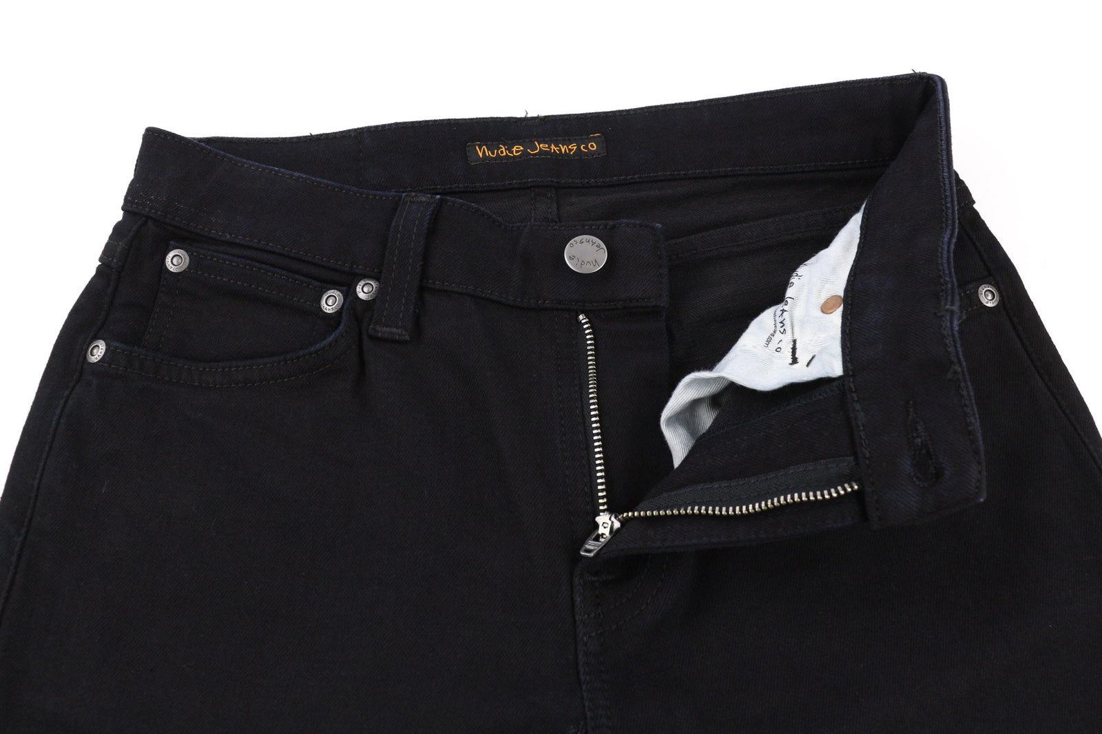 NUDIE JEANS Skinny Lin Men Jeans W28/L32 Black Black Zipper Dark Denim Logo