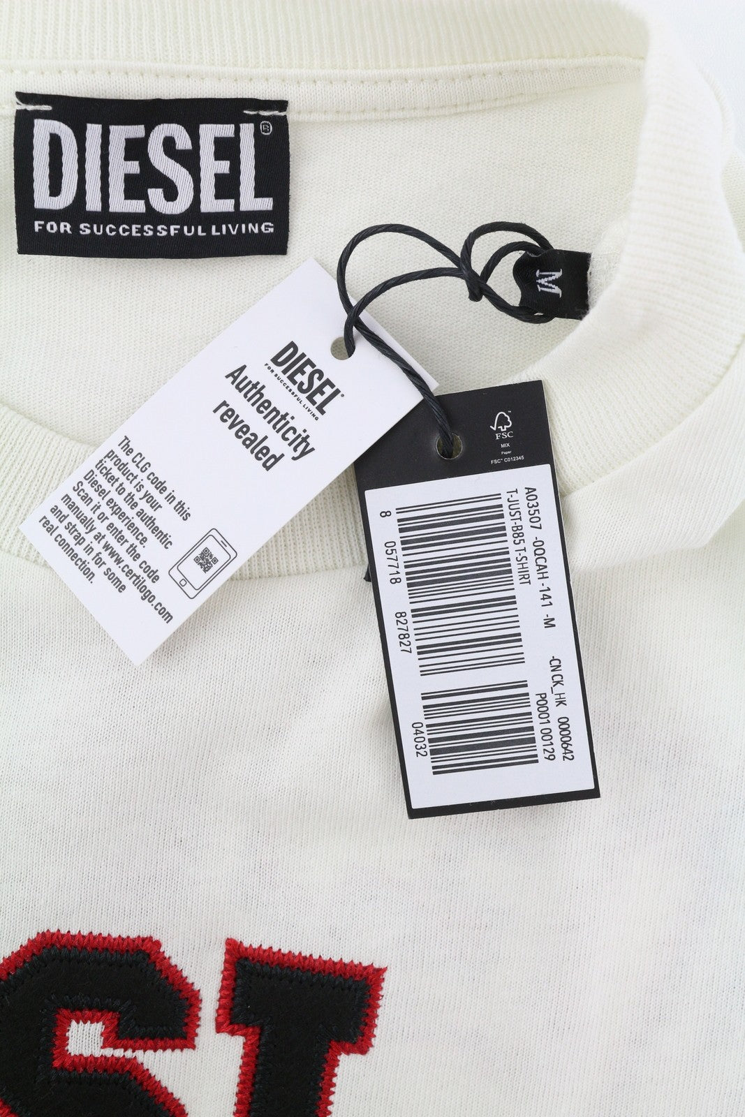 DIESEL T-Just-B85 Men's T-Shirt M Off White Short Sleeve Crew Collar Tricot Logo