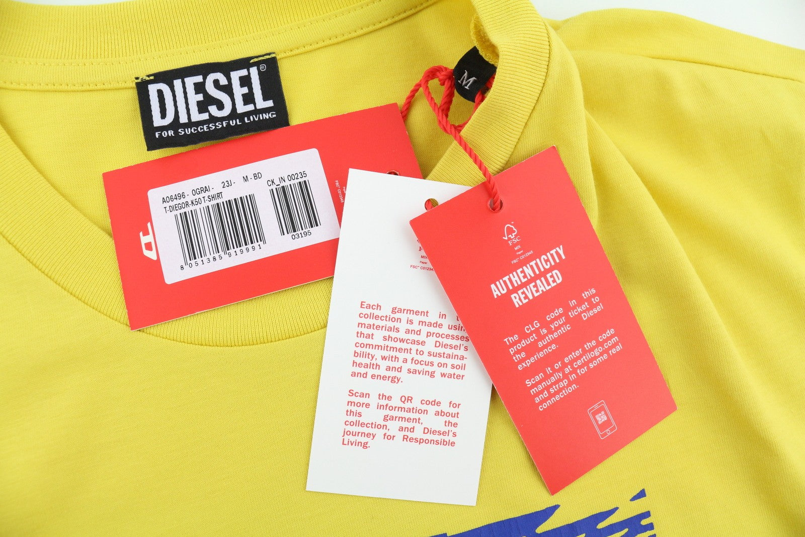 DIESEL T-Diegor-K50 Men T-Shirt M Yellow Short Sleeved Crew Neck Tricot Cotton