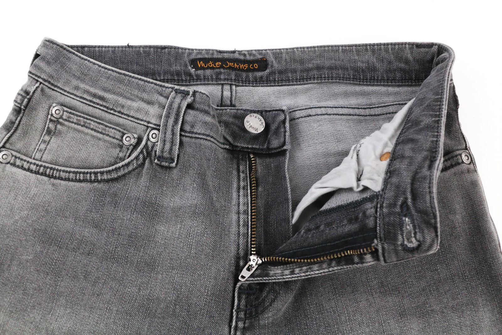 NUDIE JEANS Skinny Lin Men Jeans W28/L34 Grey Wolf Washed Zipper Stretch Logo