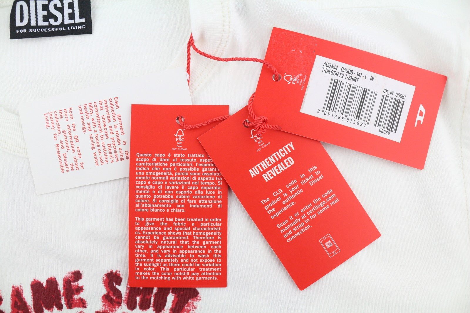 DIESEL T-Diegor-E2 Men T-Shirt L White Short Sleeved Crew Tricot Cotton Logo