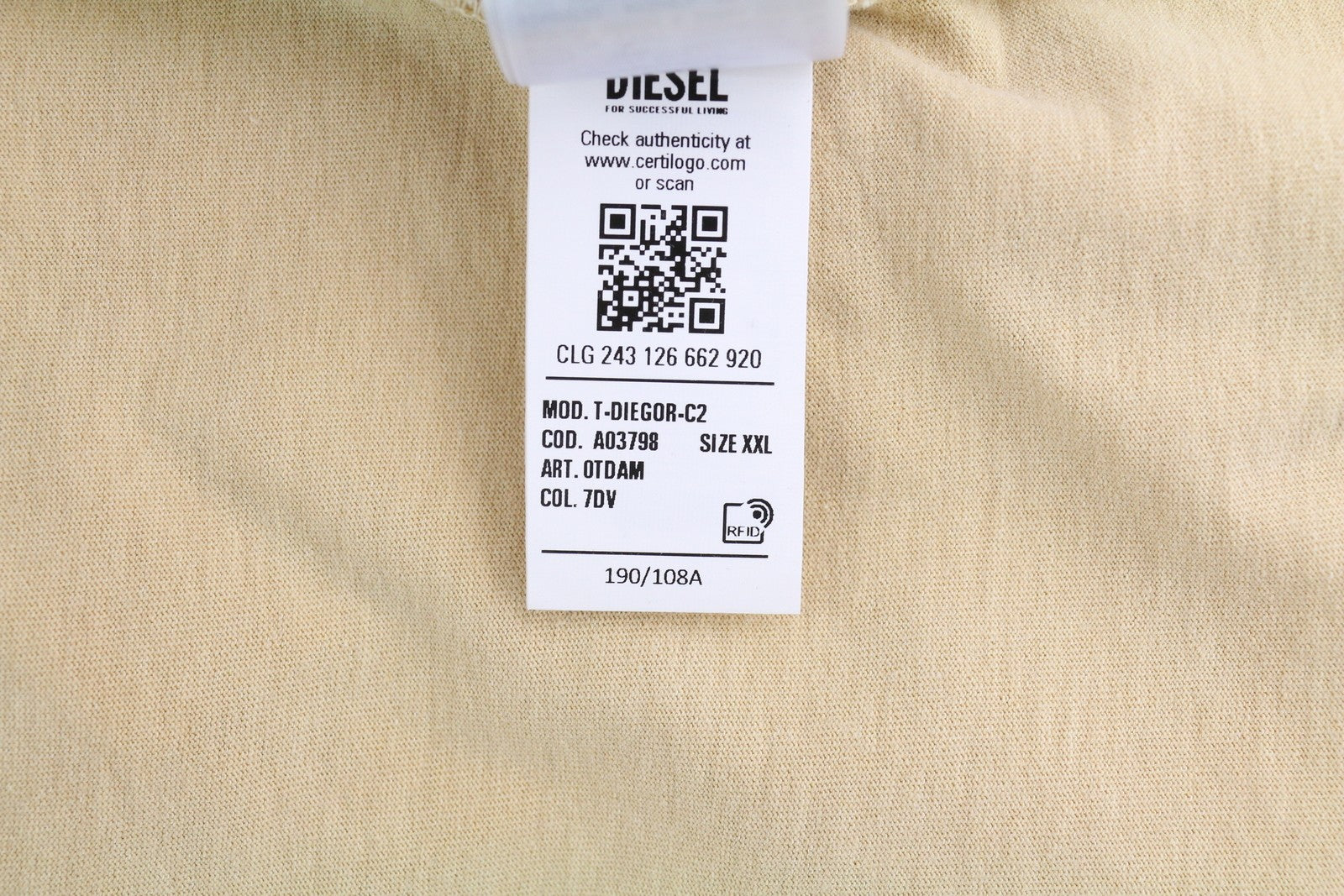 DIESEL T-Diegor-C2 Men's T-Shirt 2XL Beige Short Sleeve Crew Neck Tricot Printed