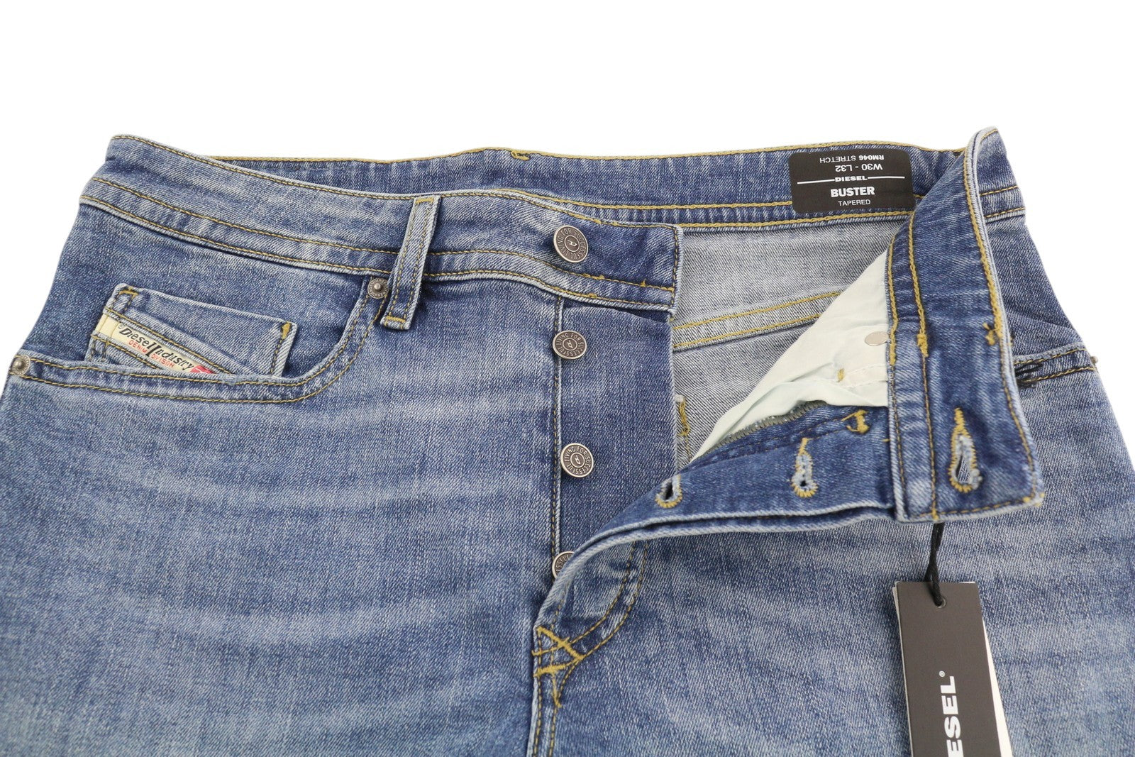 DIESEL Buster RM046 Men Jeans W30/L32 Tapered Fit Stretch Buttoned Washed Blue