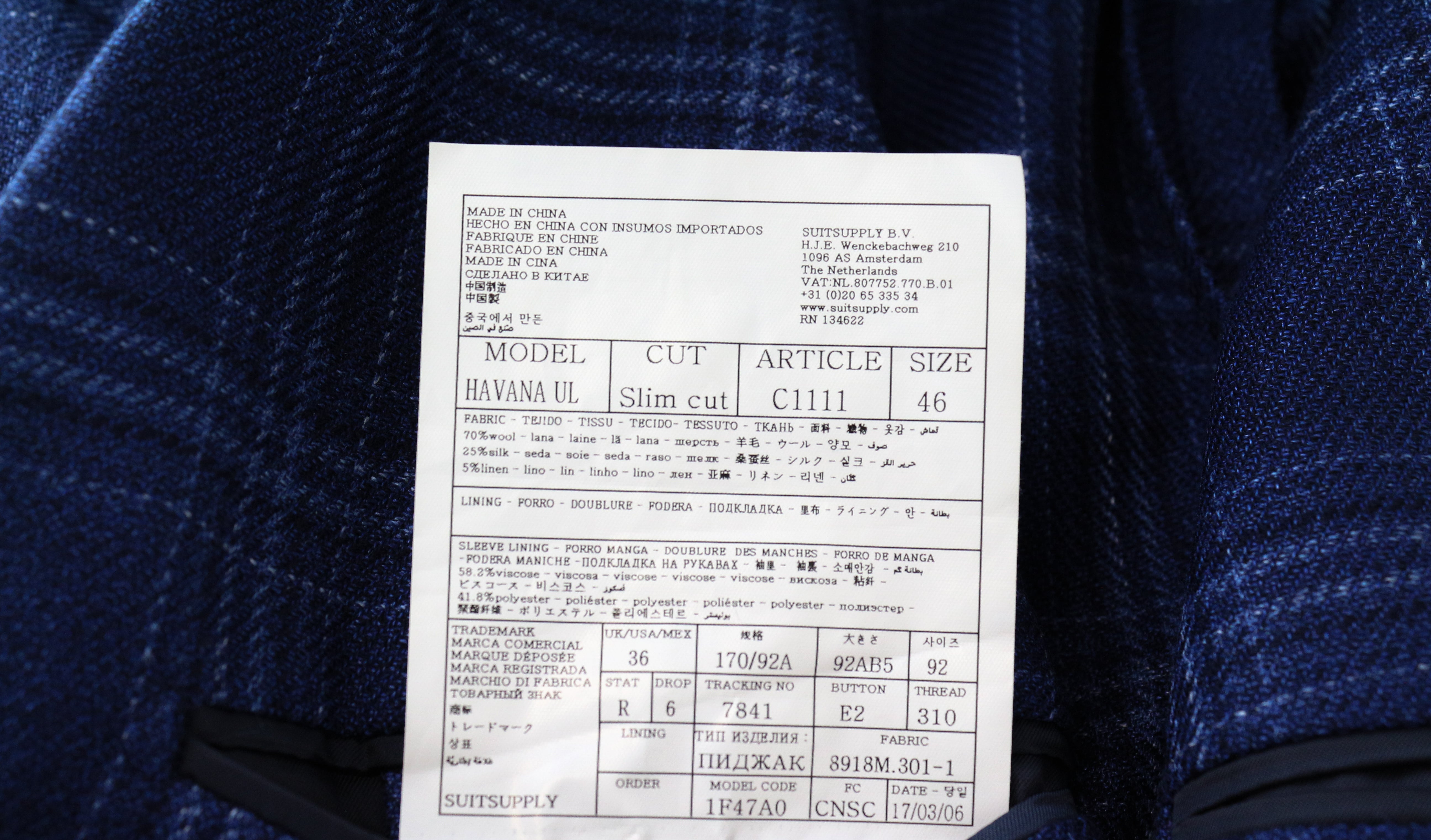 SUITSUPPLY Havana Men's Blazer UK36R Checked Blue Wool Silk Linen Slim Fit