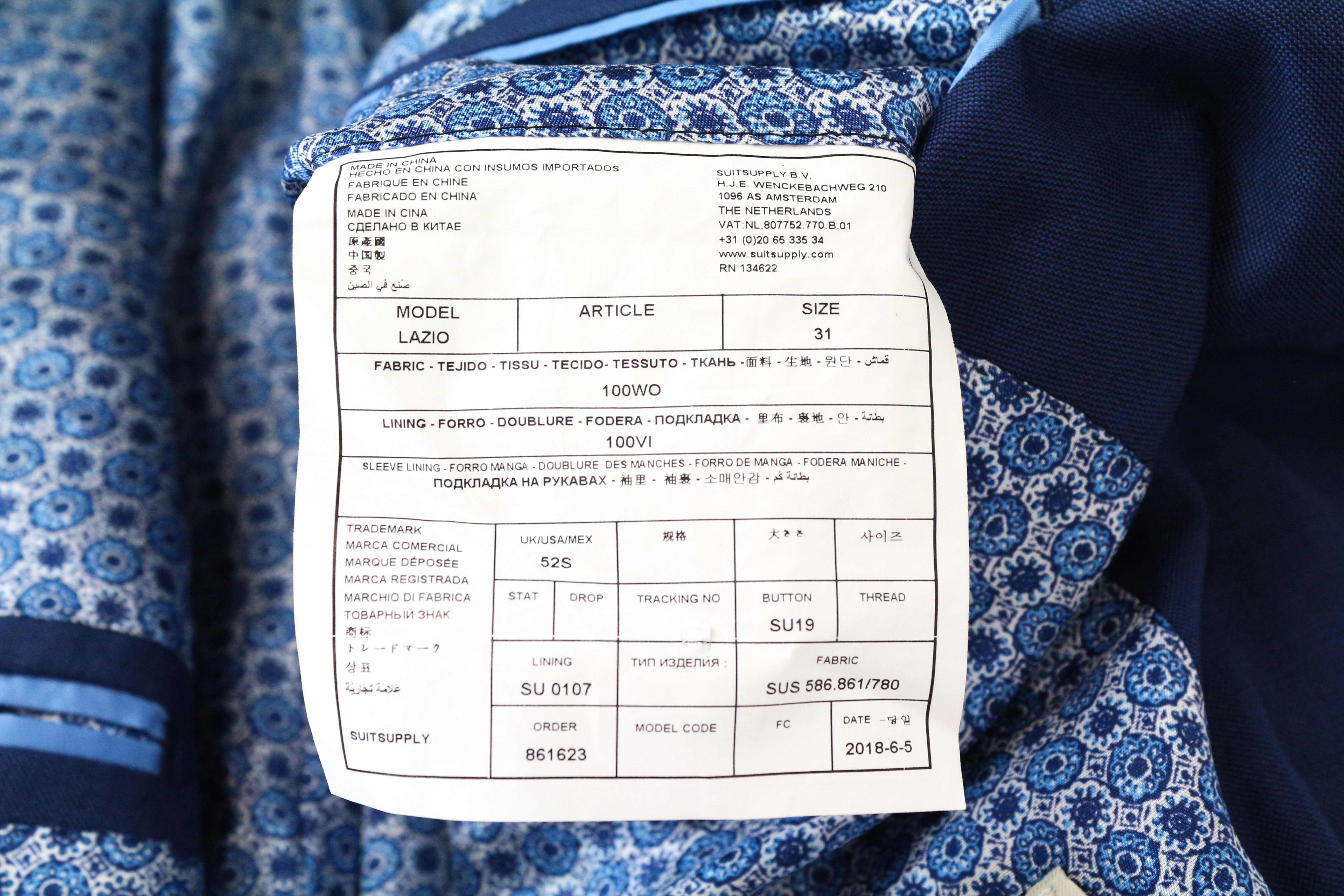 SUITSUPPLY Lazio UK52S vyriškas mėlynas švarkas su vilnoniu pamušalu ir sagomis 