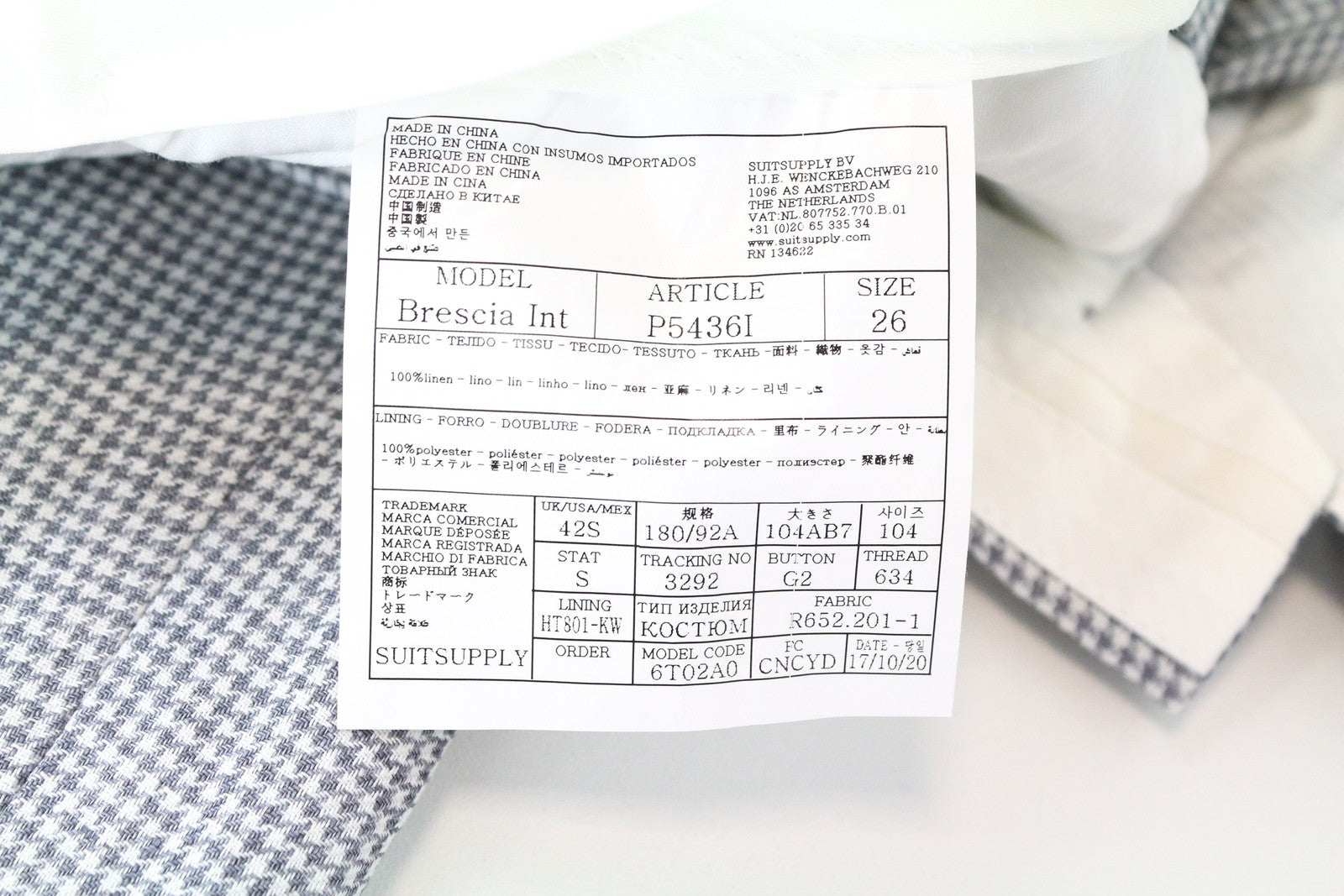 SUITSUPPLY Brescia UK42S Men's Trousers Grey Linen Pleated Patterned Pants