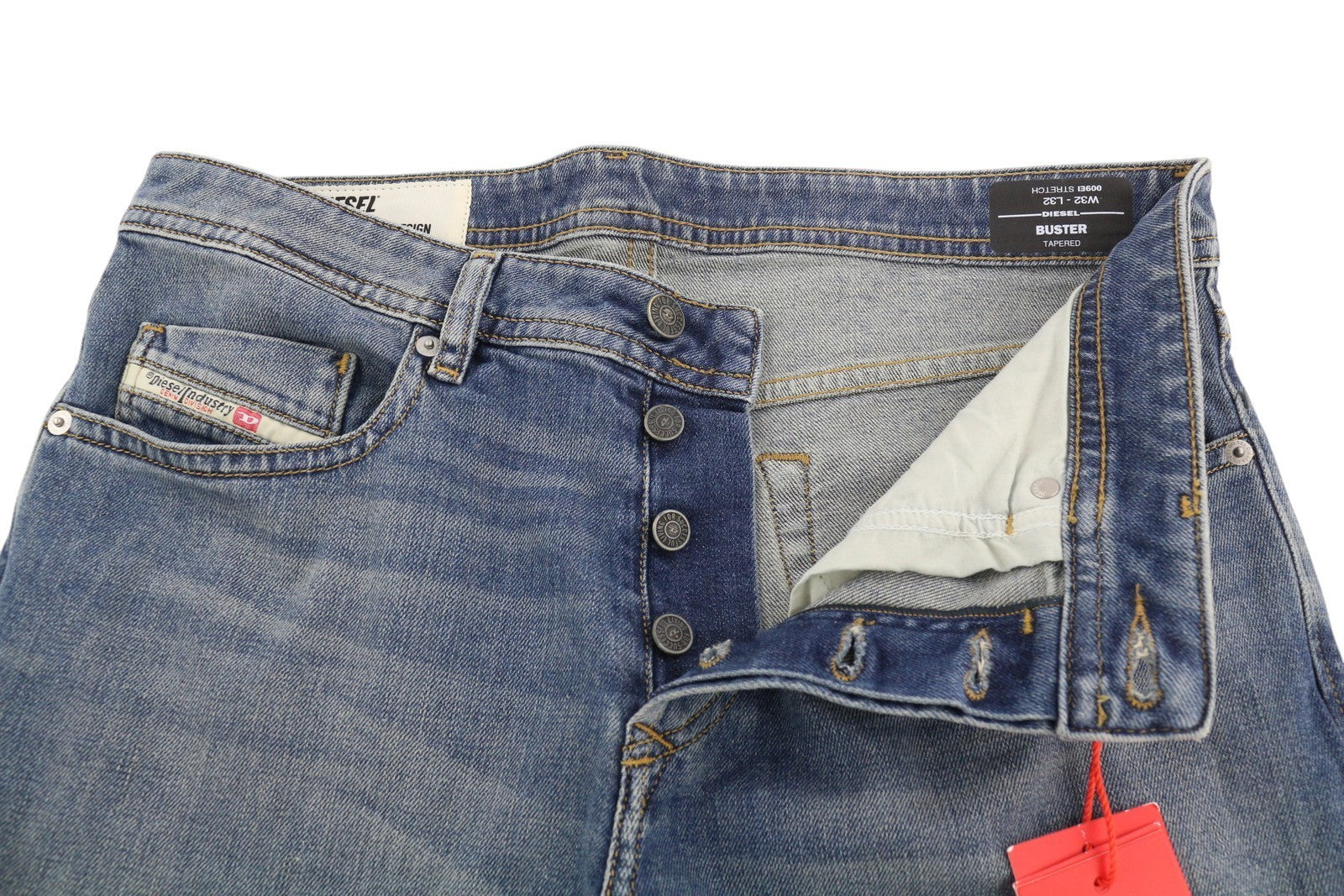 DIESEL Buster 009EI Men Jeans W32/L32 Tapered Fit Buttoned Washed Blue Denim