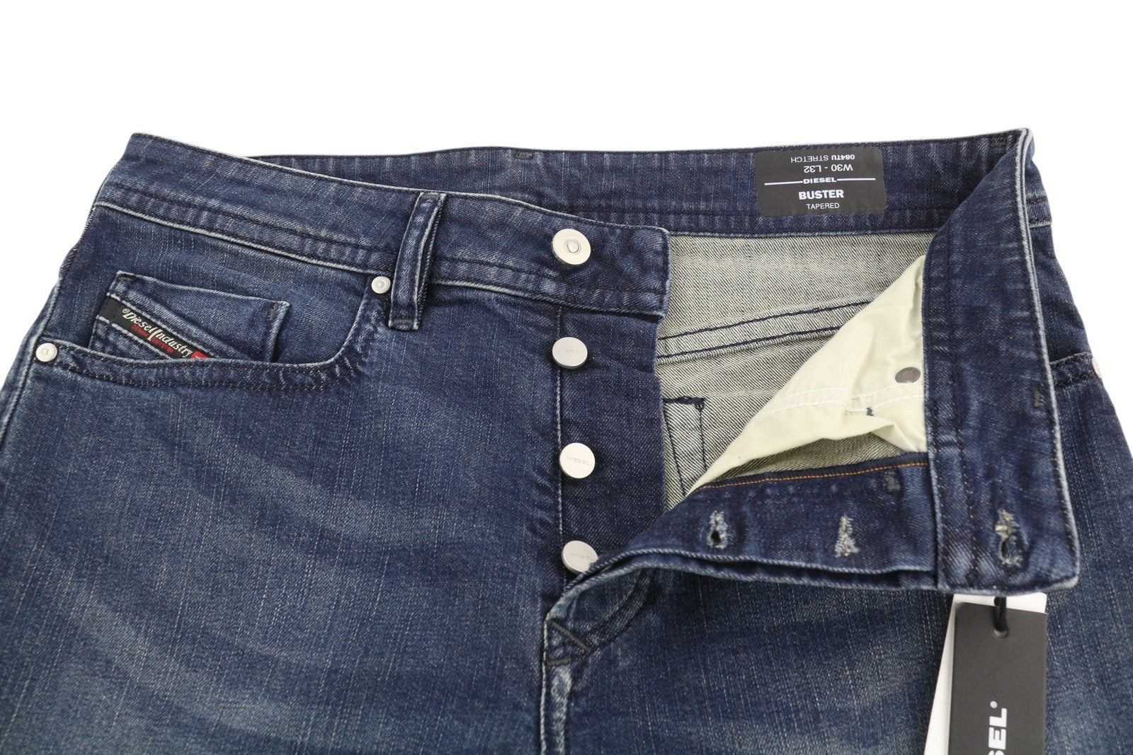 DIESEL Buster 084TU Men Jeans W30/L32 Tapered Fit Stretch Buttoned Washed Blue