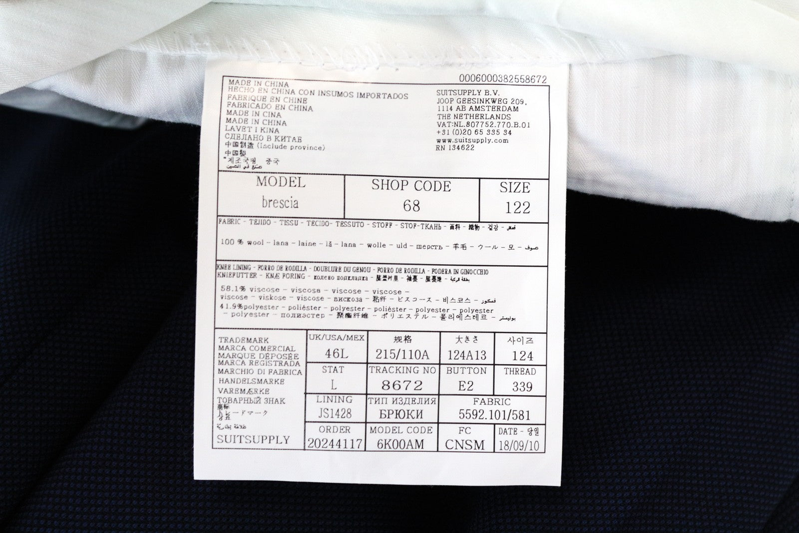 SUITSUPPLY Brescia UK46L Wool Trousers Men's Blue Lined Pleated Formal Pants