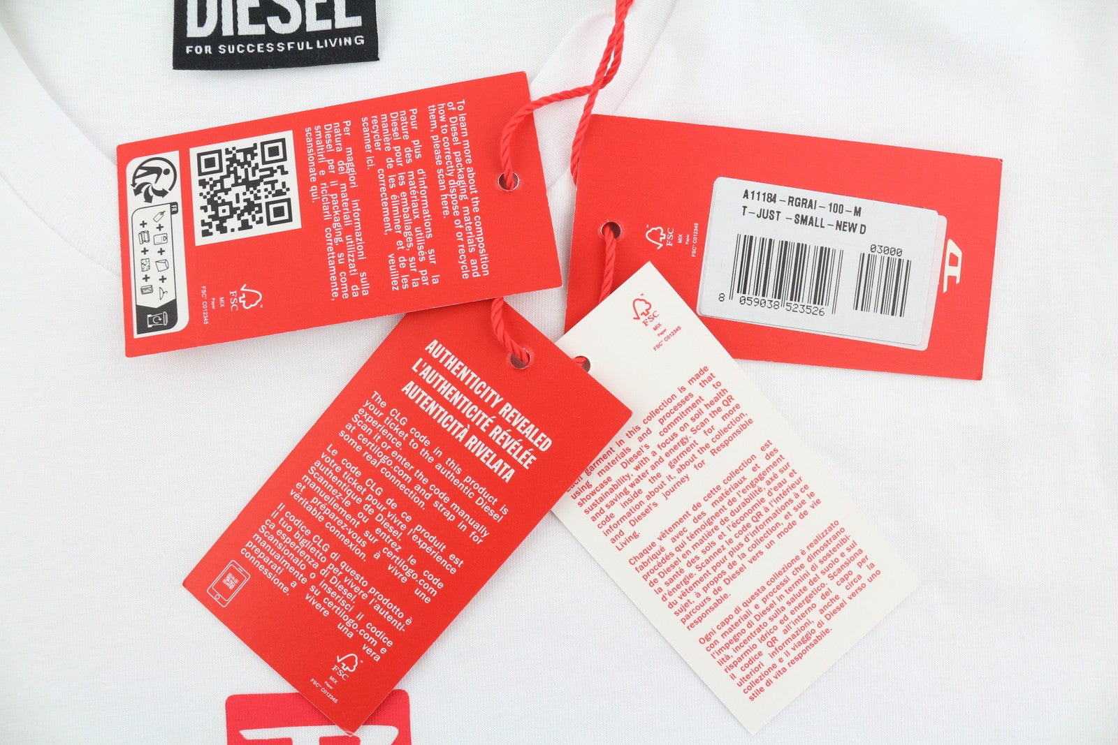 DIESEL T-Just-Small-New D Logo Men T-Shirt M White Short Sleeved Crew Cotton